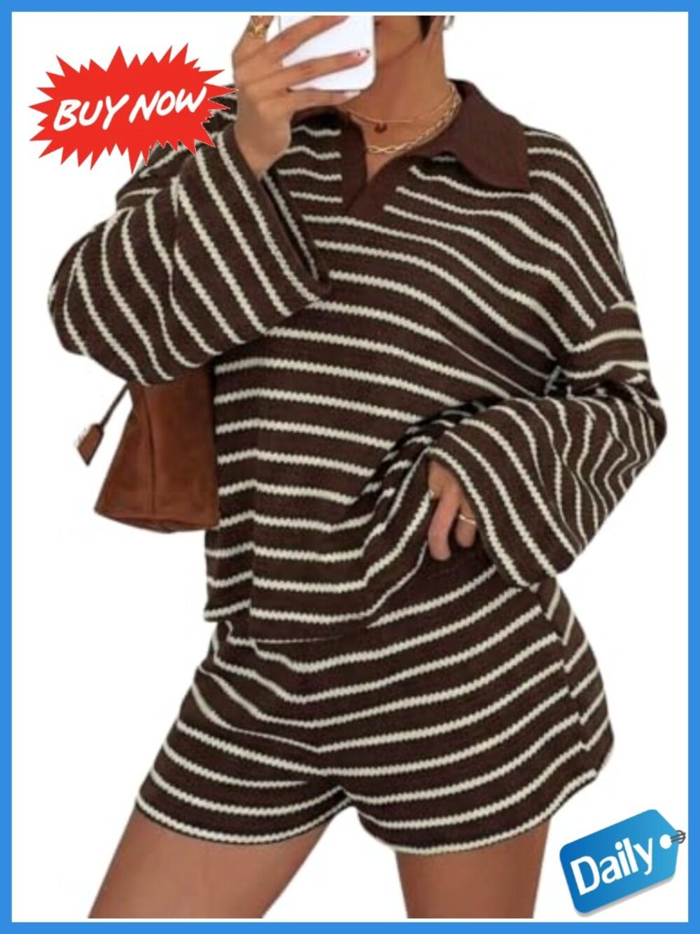 Women's Striped Lounge Set 2 Piece Long Sleeve Shirt & Shorts